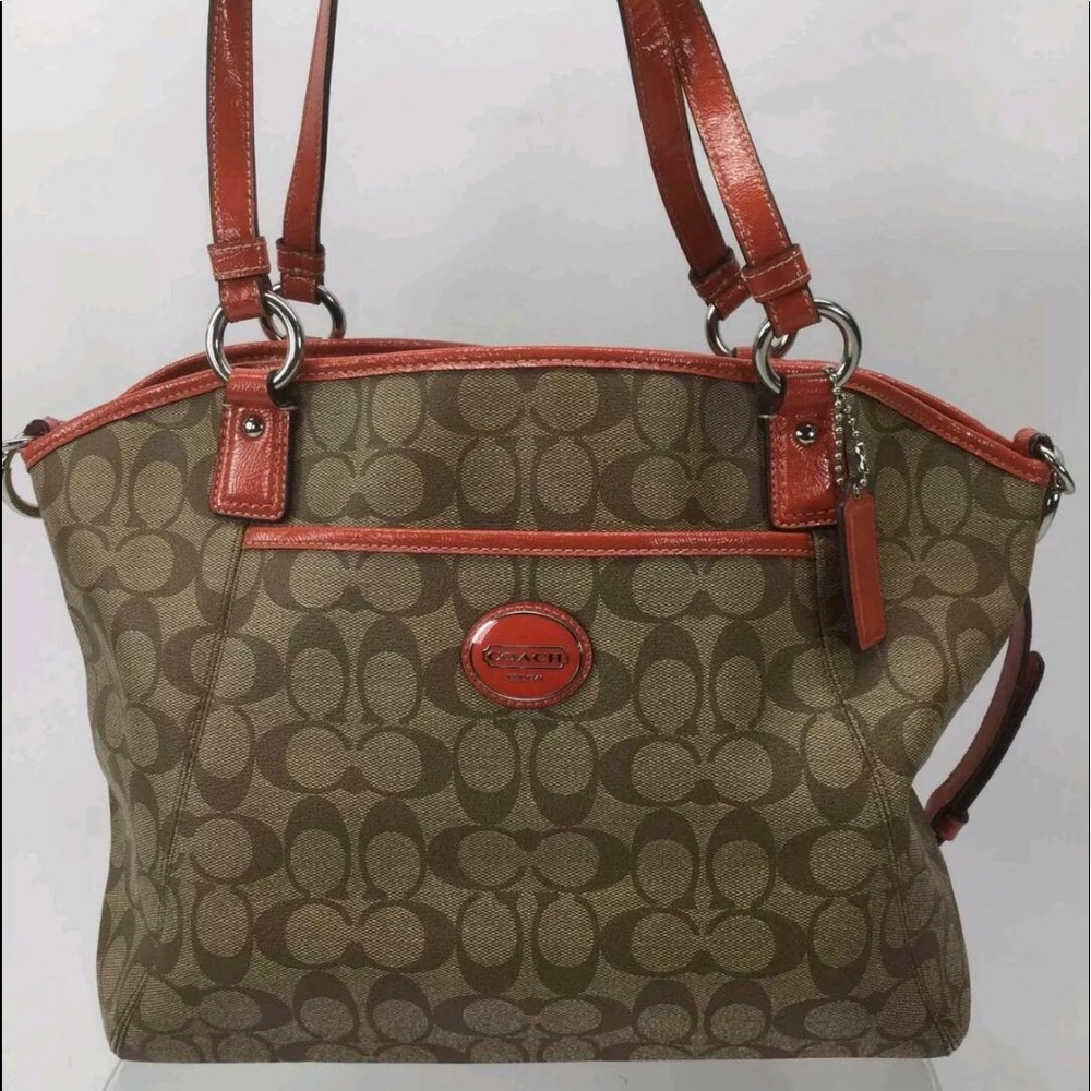 Coach Brown Logo Orange Trim Faux Leather Purse
